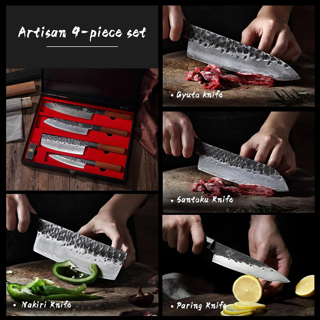 MITSUMOTO SAKARI 4-Piece Japanese Chef Knife Set, 9Cr18MoV Steel | Gyuto, Santoku, Nakiri and paring knives, 3-layer 9Cr18MoV steel, rosewood handles, sandalwood box