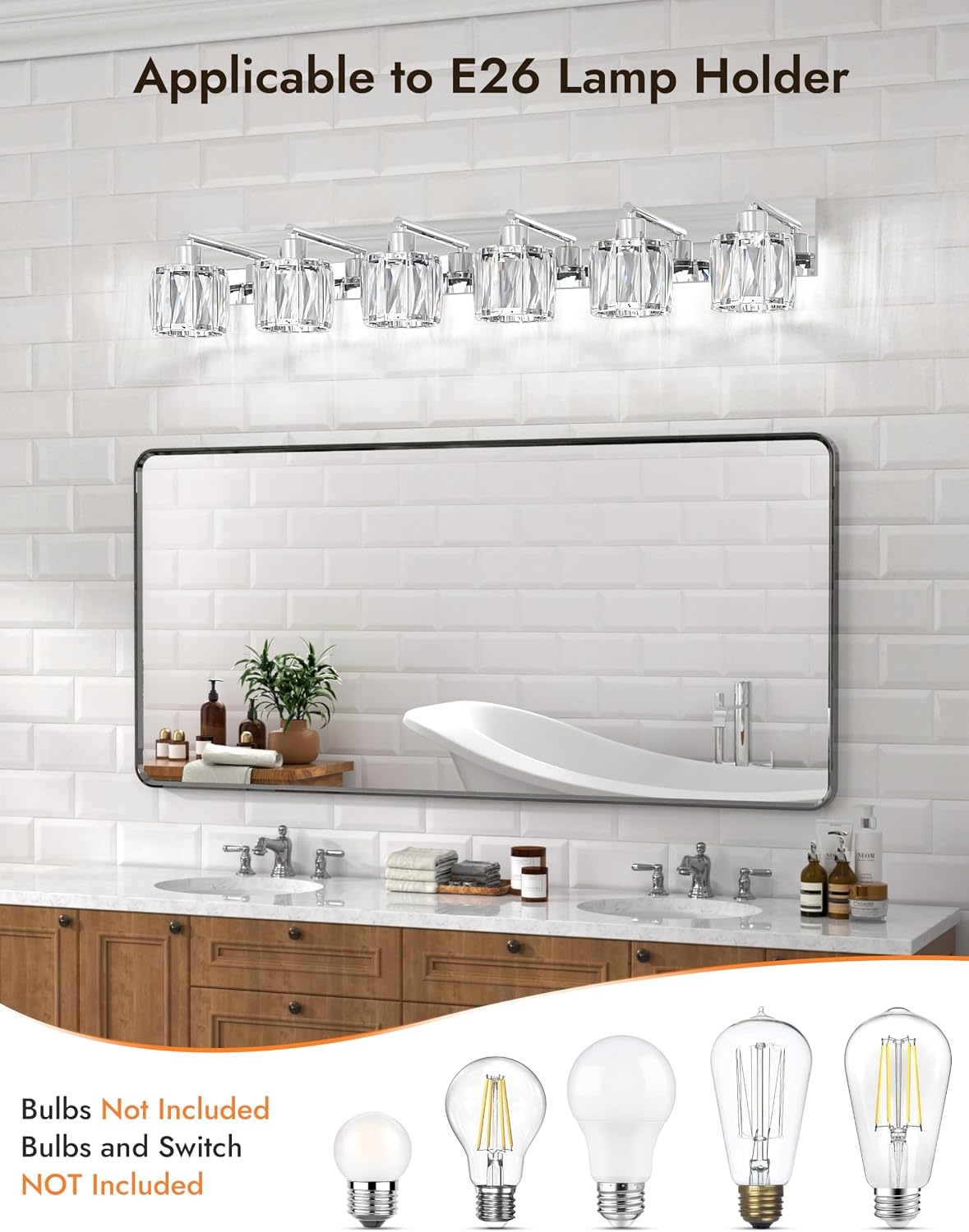 VOLISUN Crystal Vanity Lights for Bathroom, 6 Light Modern Stainless Steel Bathroom Light Fixtures Over Mirror, Chrome Bathrooms Lights Fixtures - UL Certificated (Exclude Bulb)