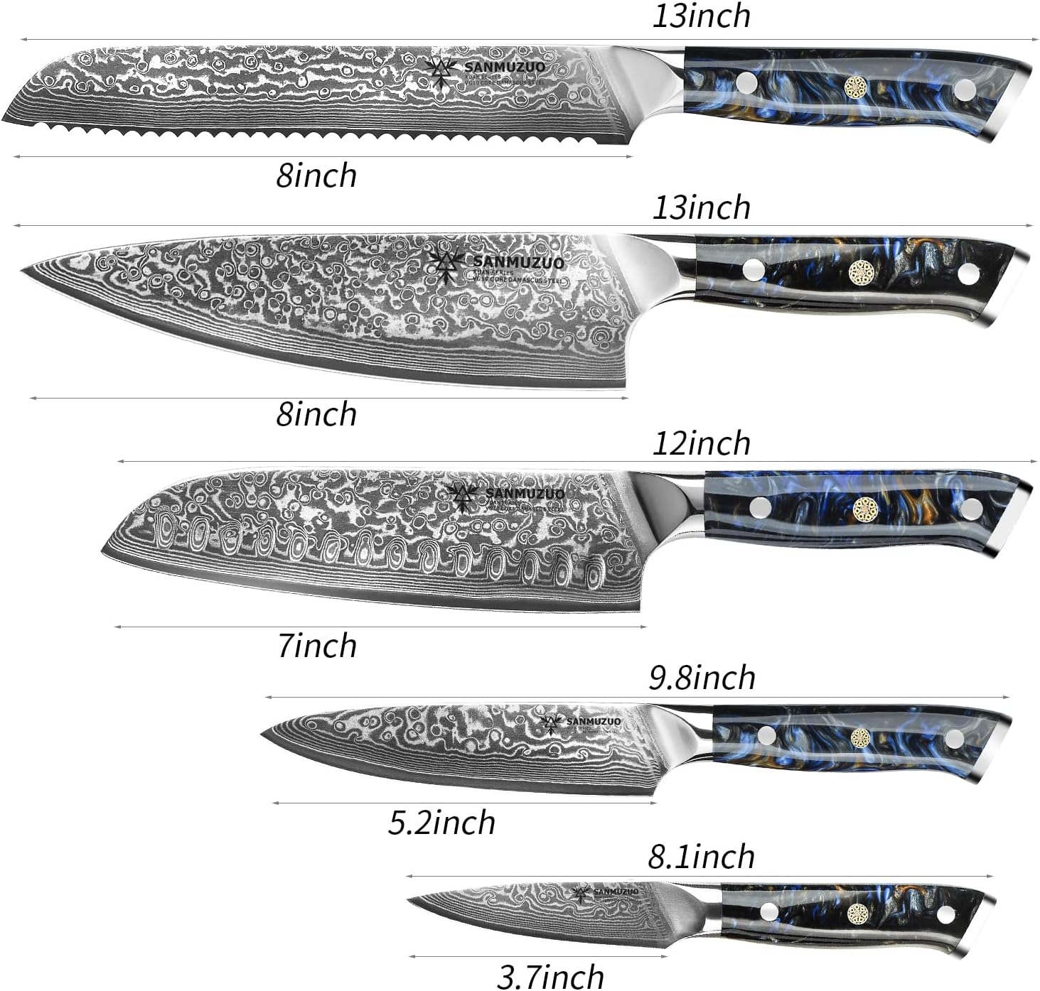 Chef Cooking Knives Set- Kitchen Knife Set of 5 Piece - Ultra-Sharp VG10 Damascus Steel & Resin Handle - Xuan Series (Starry Black)