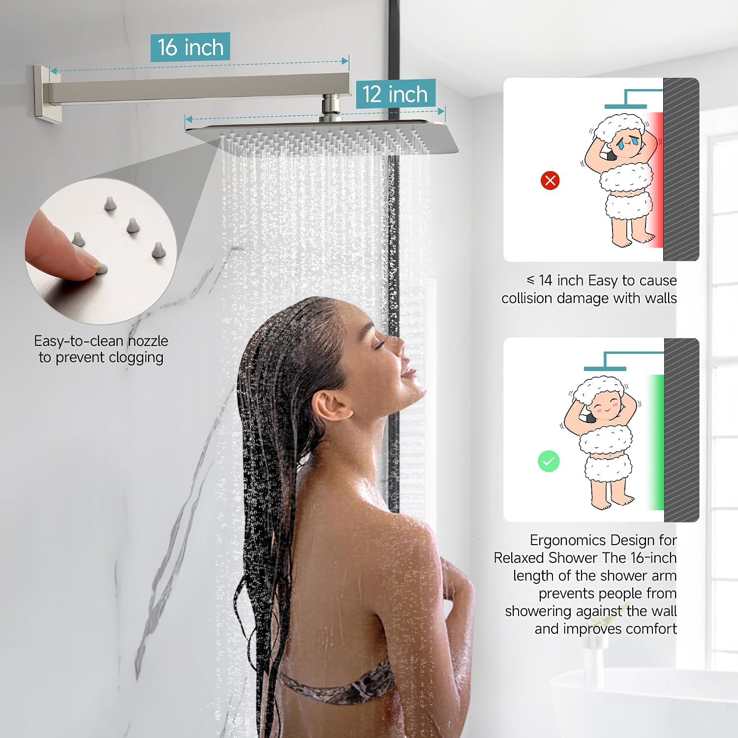 SR SUN RISE Shower Faucet Set & System - 12 Inch Rainfall Shower Head & Handle Set Wall Mounted Brushed Nickel Solid Brass Valve Trim Kit Included