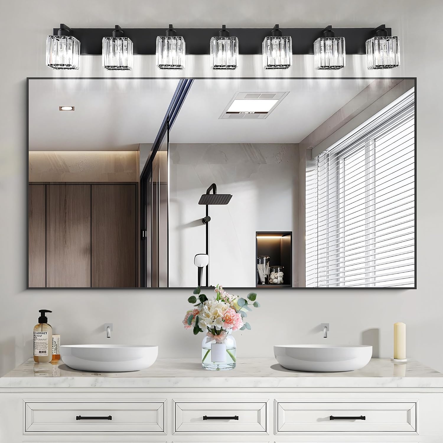 Aipsun Black Vanity Light Crystal Bathroom Lighting Fixtures Modern Bathroom Vanity Light 7 Light (Exclude Bulb)