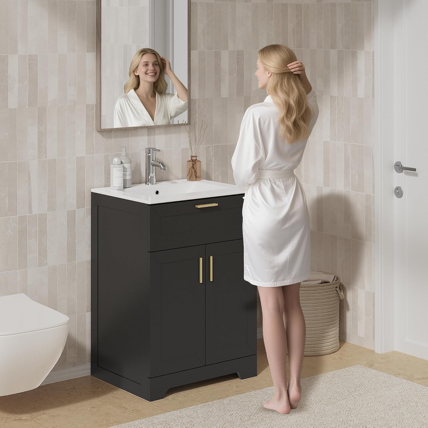 KIGOTY 24' Bathroom Vanity Without Sink, Bathroom Storage Cabinet Without Top, Unassembled Sink Cabinet with Drawer, Soft-Closing Door and Adjustable Shelf (Black)