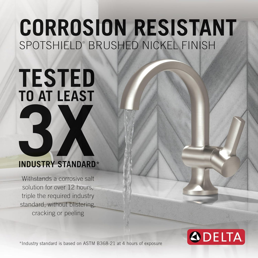 Delta Albion Brushed Nickel Bathroom Faucet 1 Hole, Single Hole Bathroom Sink Faucet for Vanity, Metal Push-Pop Drain Assembly, SpotShield Brushed Nickel 15855LF-SP