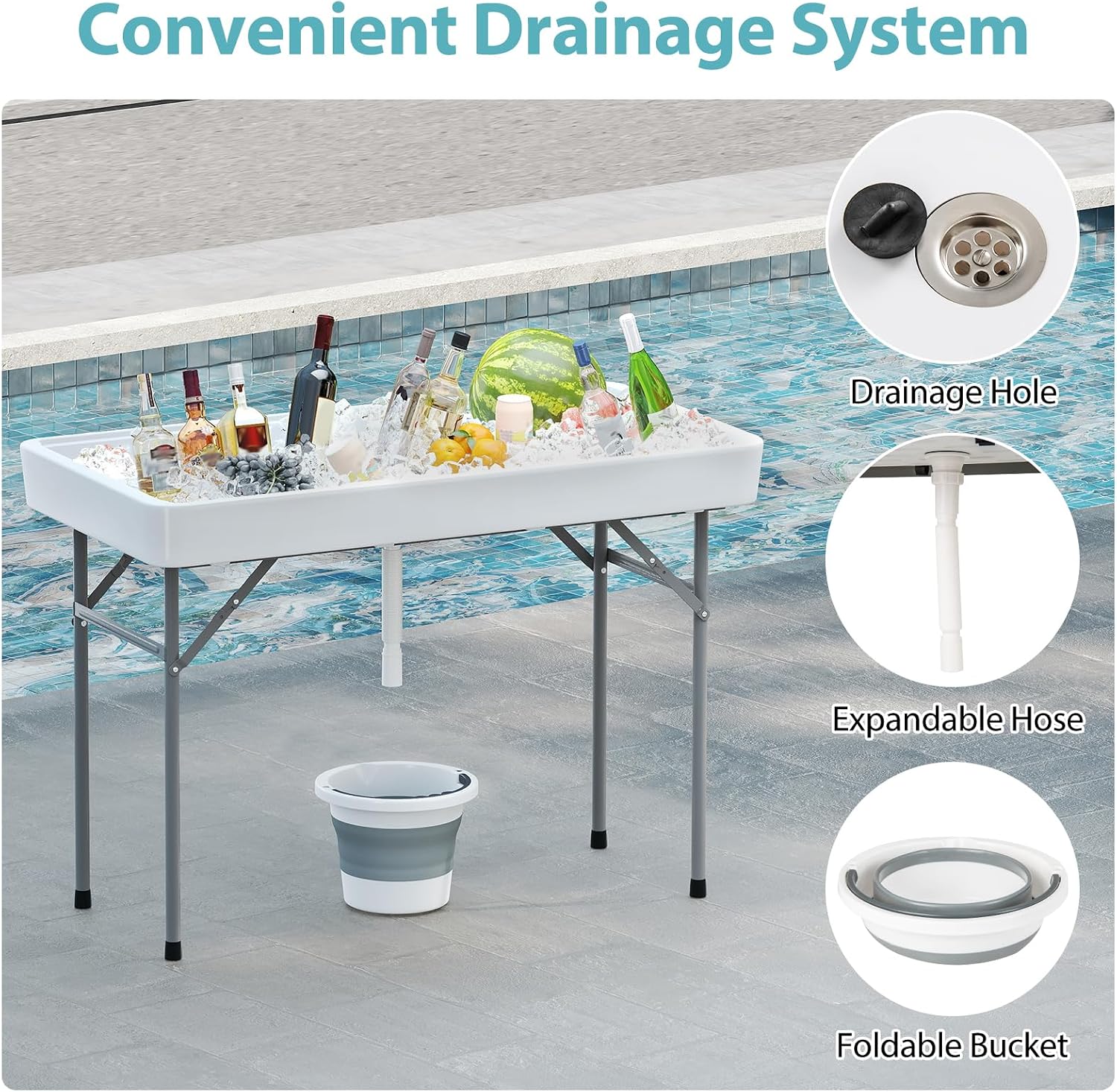 Giantex Folding Ice Cooler Table, 46'' Outdoor Chill Bar Table with Drain, Foldable Bucket & Removable Matching Skirt, for Events, Party, Camping, Buffet Beverage Server, White