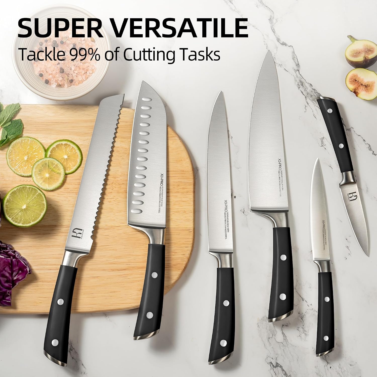 KnifeSaga Knife Set, 15 Pcs Kitchen Knife Block Sets with Sharpener, Japanese High Carbon Stainless Steel Set of Knives, Premium Razor Sharp Black Knives Set with Block for Kitchen, Ergonomic Handle