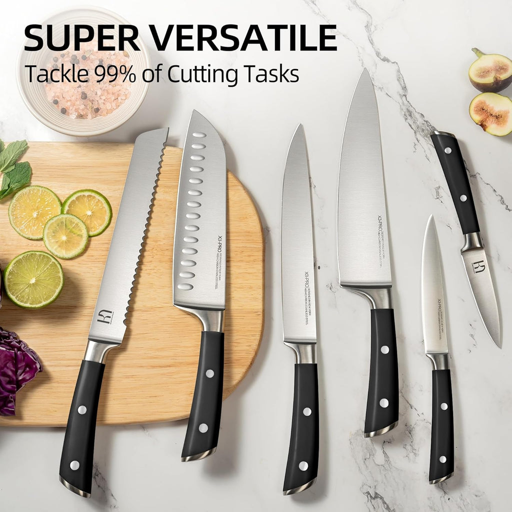 KnifeSaga Knife Set with Block, Japanese 15 PCS Ultra Sharp Ktichen Knives Set, High Carbon Stainless Steel Knife Block Set with Sharpener, Professional Knives with Ergonomic Handle for Home Chefs