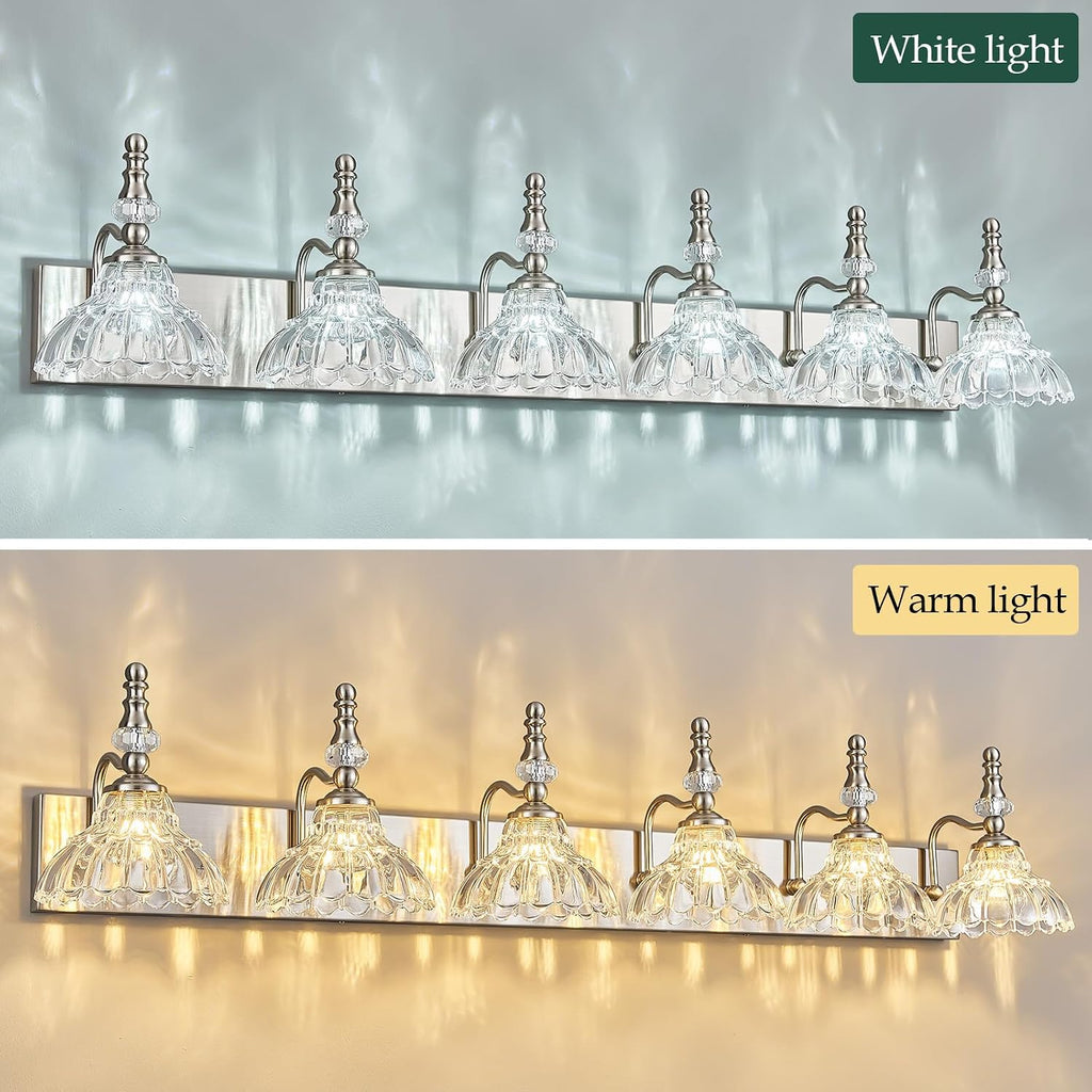 Vintage Bathroom Vanity Light, 6-Light Brushed Nickel Vanity Lighting Fixture with Flower Glass Shade, Bathroom Lighting Fixtures Over Mirror