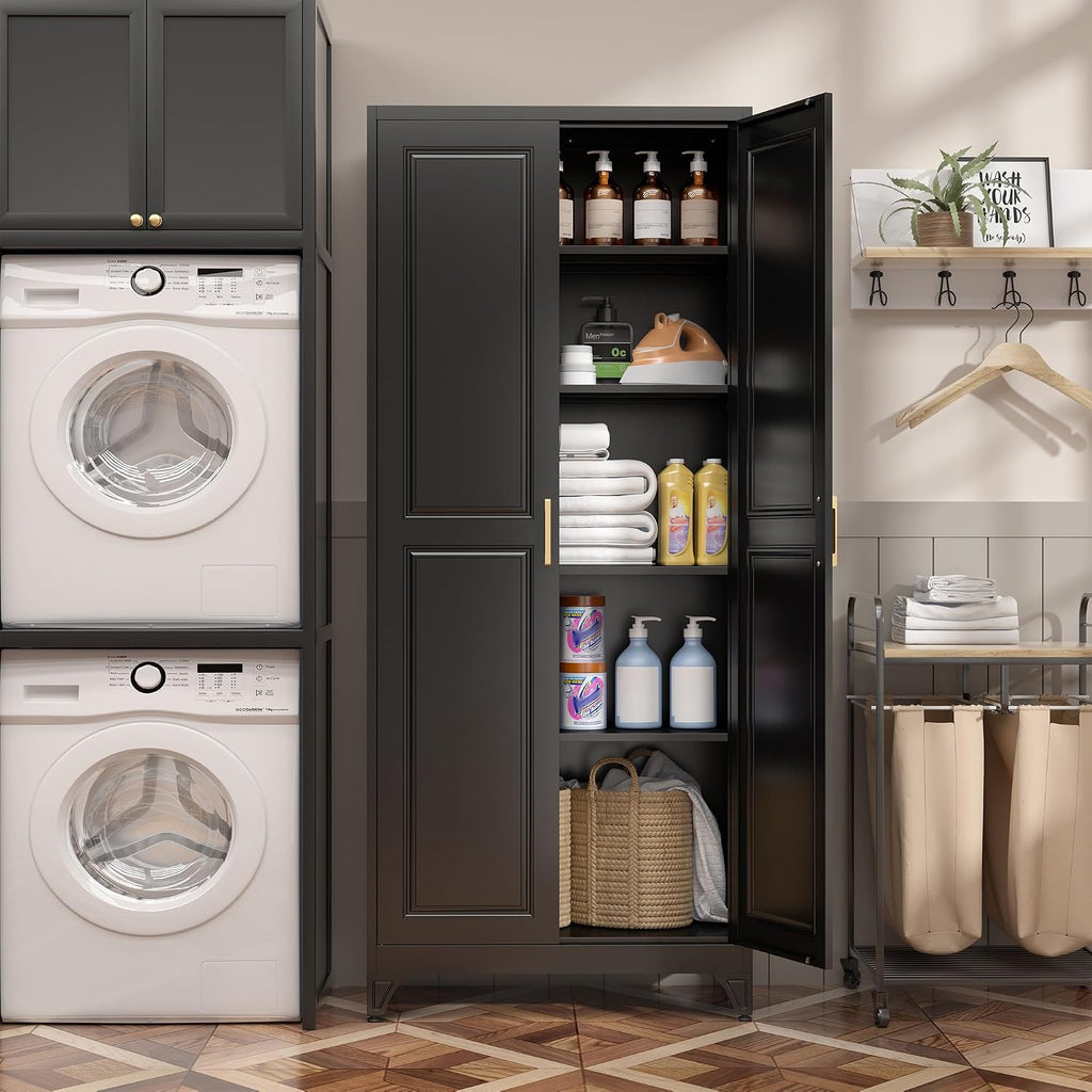 SteeLoong Kitchen Pantry Cabinet,75'Black Metal Storage Cabinets with Doors and 4 Adjustable Shelves,Kitchen Cabinet with 2 Gold Handles,Tall Cabinet for Livingroom, Bathroom