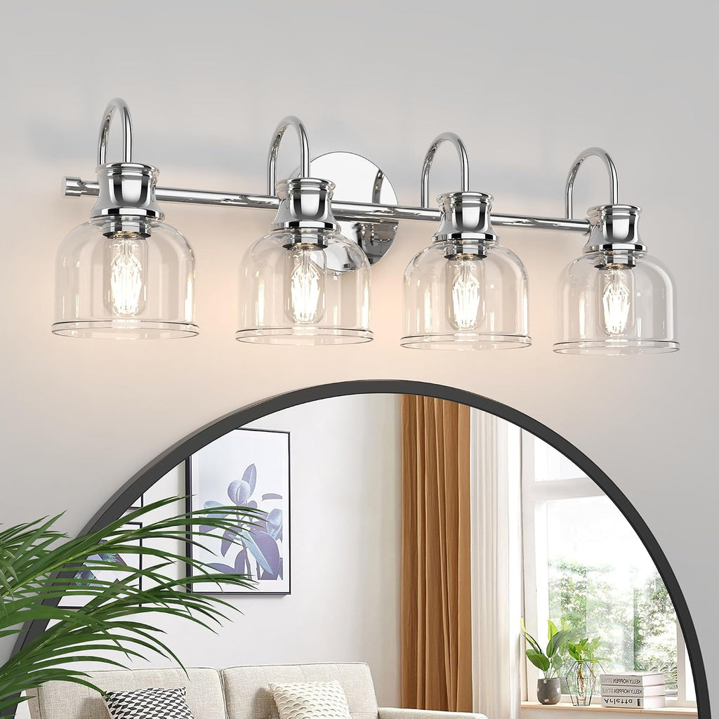 4 Lights Bathroom Vanity Light Fixtures, Chrome Traditional Classic Vanity Light with Clear Glass, Bathroom Lighting Fixtures Over Mirror