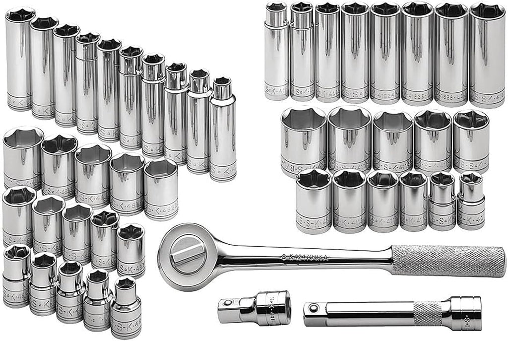 SK Tools USA 1/2' Drive, 47 Piece, 6 Point, Standard & Deep, SAE & Metric Chrome Socket Set: 1/2' - 1-1/8' and 10MM - 24MM with Extensions and Ratchet | 4147-6