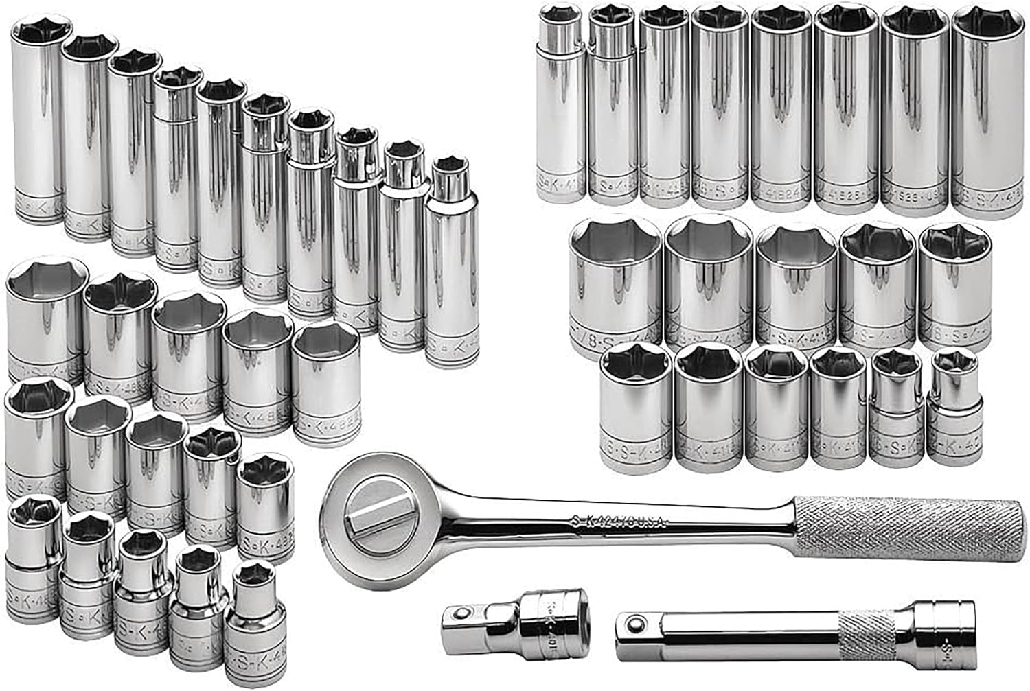 SK Tools USA 1/2' Drive, 47 Piece, 6 Point, Standard & Deep, SAE & Metric Chrome Socket Set: 1/2' - 1-1/8' and 10MM - 24MM with Extensions and Ratchet | 4147-6