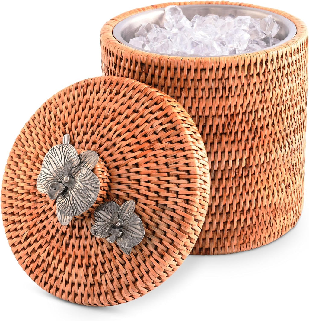 Vagabond House Wicker Ice Bucket with Pewter Orchid Knob, Stainless Steel Lining, Hand Woven Rattan, 8 Inches Tall - Perfect Beach Essentials, Beach House - Champagne Holder Basket Woven Decor