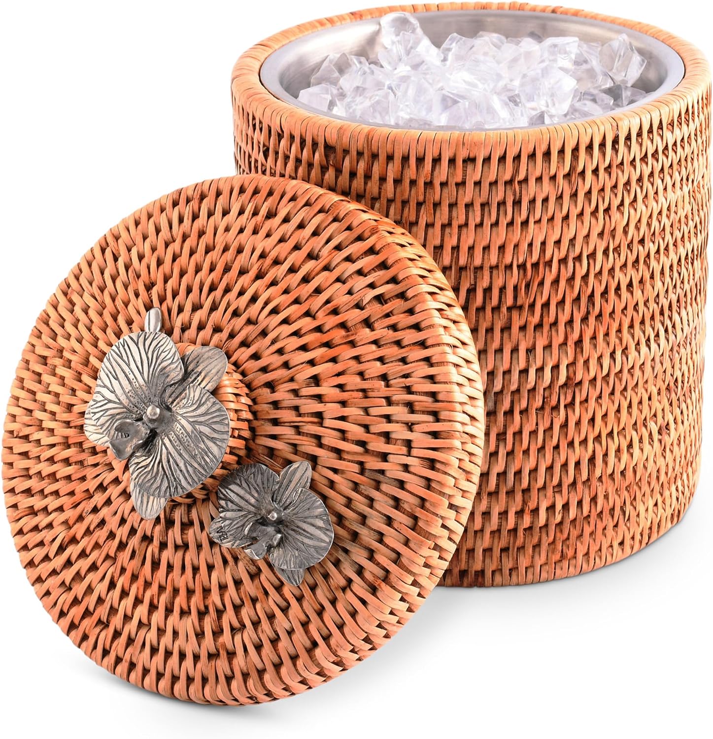 Vagabond House Wicker Ice Bucket with Pewter Orchid Knob, Stainless Steel Lining, Hand Woven Rattan, 8 Inches Tall - Perfect Beach Essentials, Beach House - Champagne Holder Basket Woven Decor