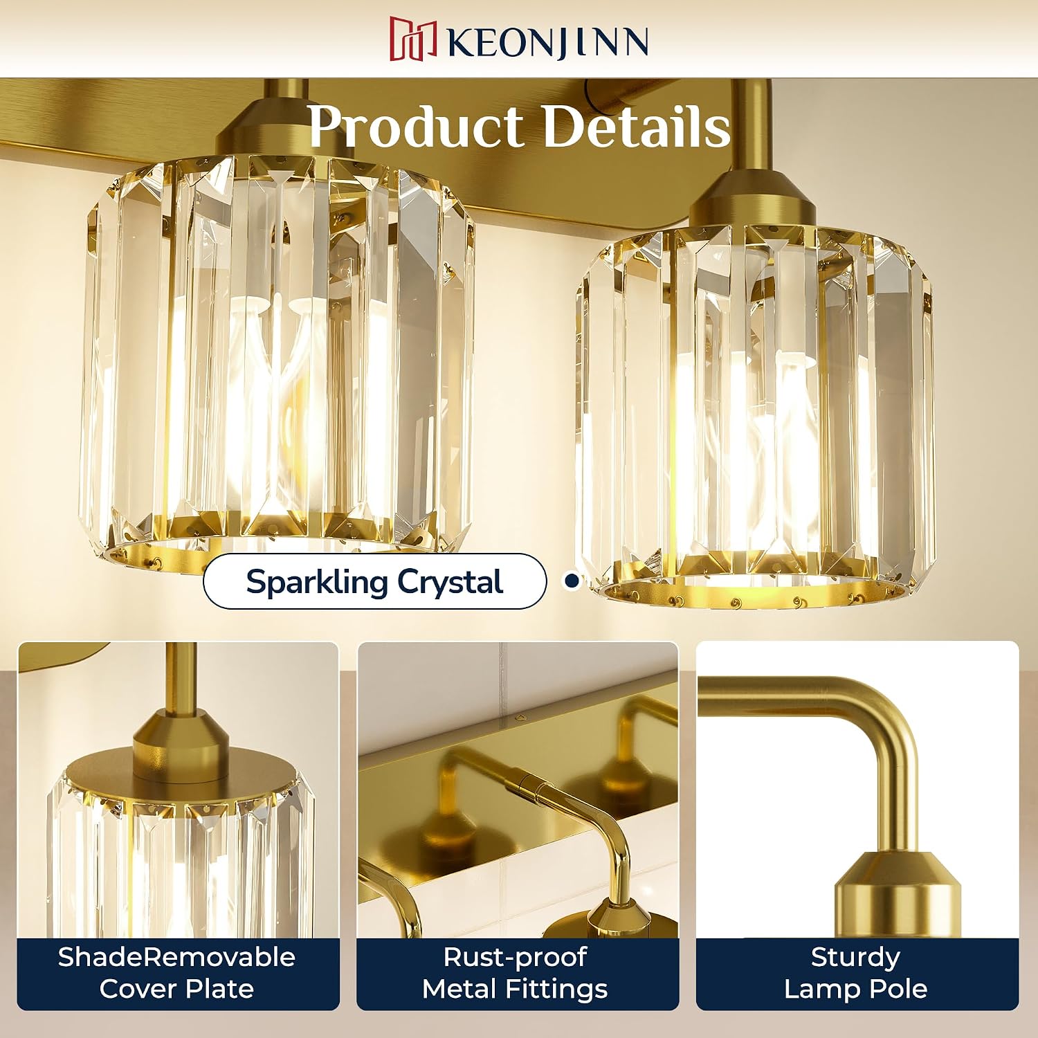 Keonjinn 4-Light Bathroom Light Fixtures, Crystal Gold Bathroom Vanity Lights Over Mirror, Vanity Lighting Fixtures with Crystal Square Shades (E26 Socket, Exclude Bulb)