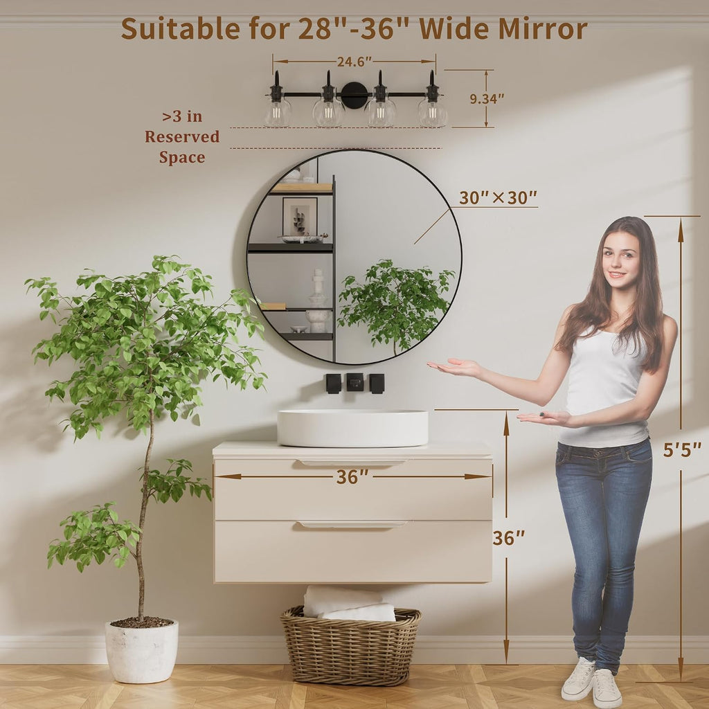 Matte Black Bathroom Vanity Light Fixtures, 4 Light Vanity Lighting Fixtures with Clear Glass Shade, E26 Base, UL Certification (Exclude Bulb)