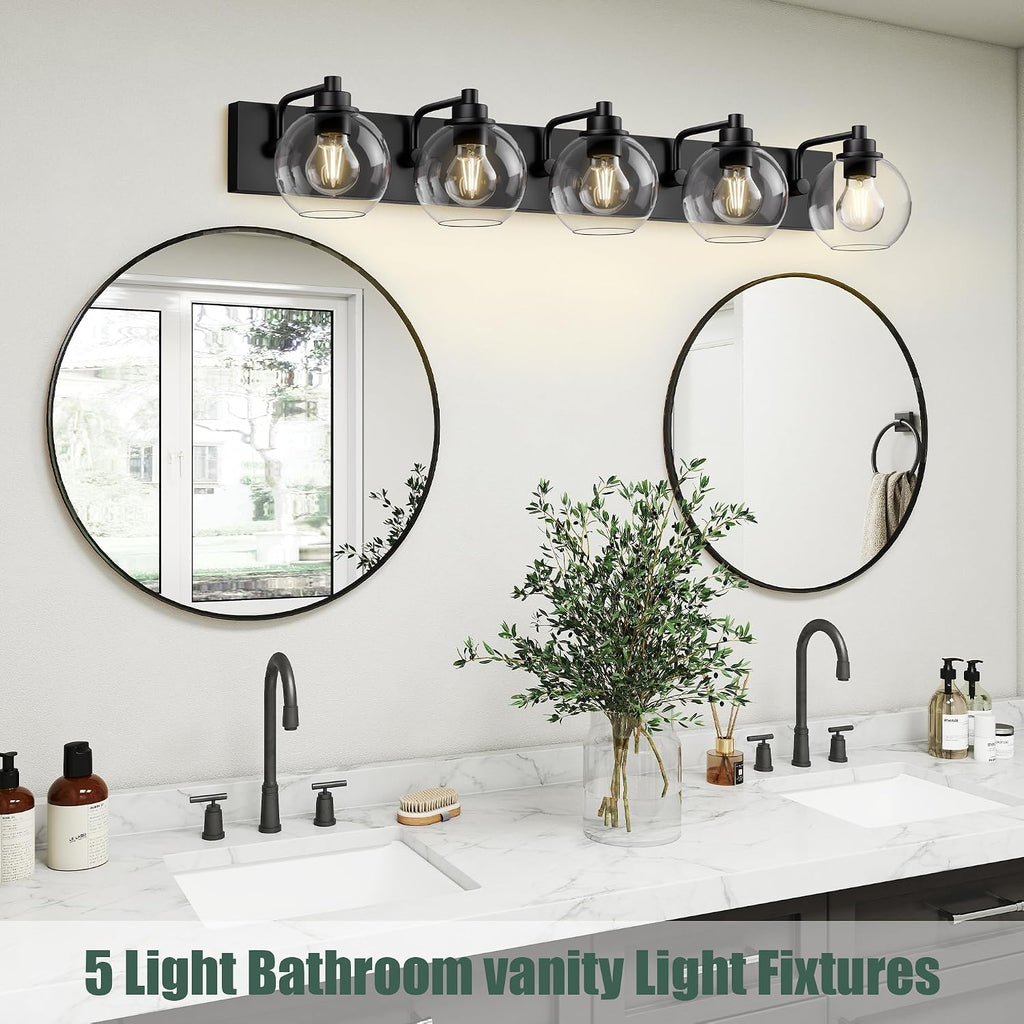 5 Light Bathroom Light Fixtures-Matte Black Bathroom Vanity Lights, Modern Vanity Lights 5-Light Bathroom Lighting Fixtures Over Mirror with Clear Glass Globe Shade