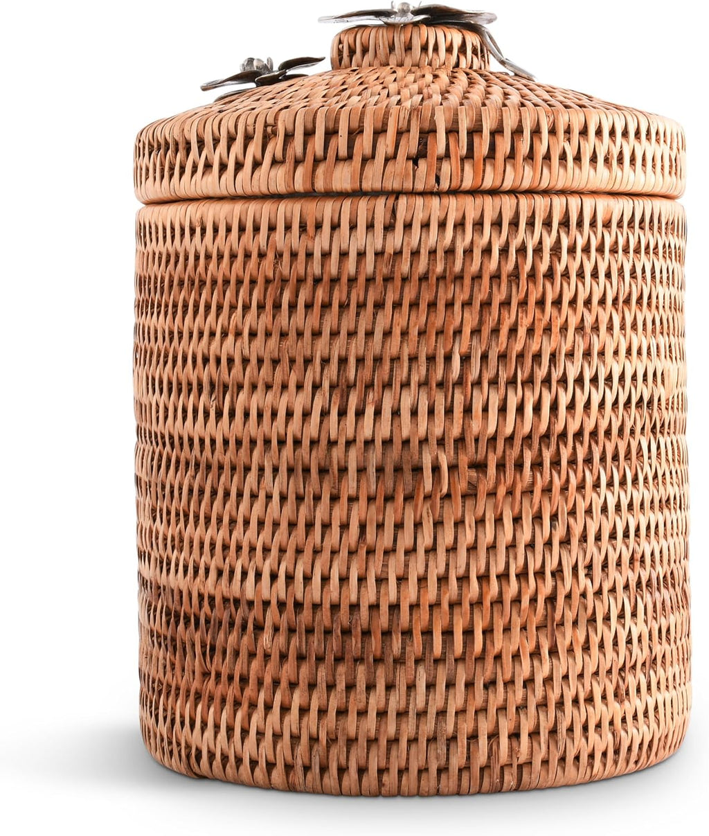 Vagabond House Wicker Ice Bucket with Pewter Orchid Knob, Stainless Steel Lining, Hand Woven Rattan, 8 Inches Tall - Perfect Beach Essentials, Beach House - Champagne Holder Basket Woven Decor