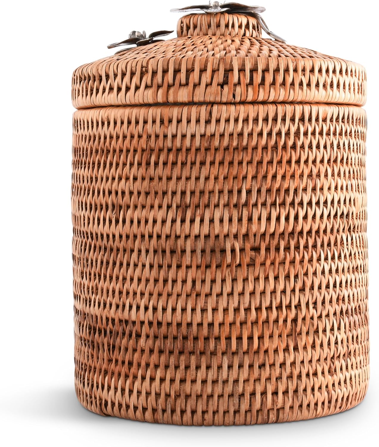 Vagabond House Wicker Ice Bucket with Pewter Orchid Knob, Stainless Steel Lining, Hand Woven Rattan, 8 Inches Tall - Perfect Beach Essentials, Beach House - Champagne Holder Basket Woven Decor