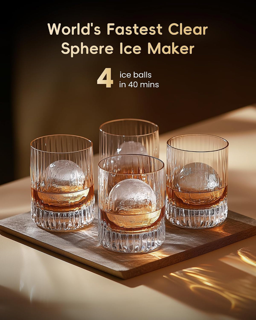 ecozy 2' Clear Ice Ball Maker Countertop with CrystalFlux Technology, 4 pcs in 40 Mins, 144 pcs/Day, Sphere Ice Maker with Automatic Water Supply, Self-Cleaning, Enhanced Insulation for Whiskey Bar