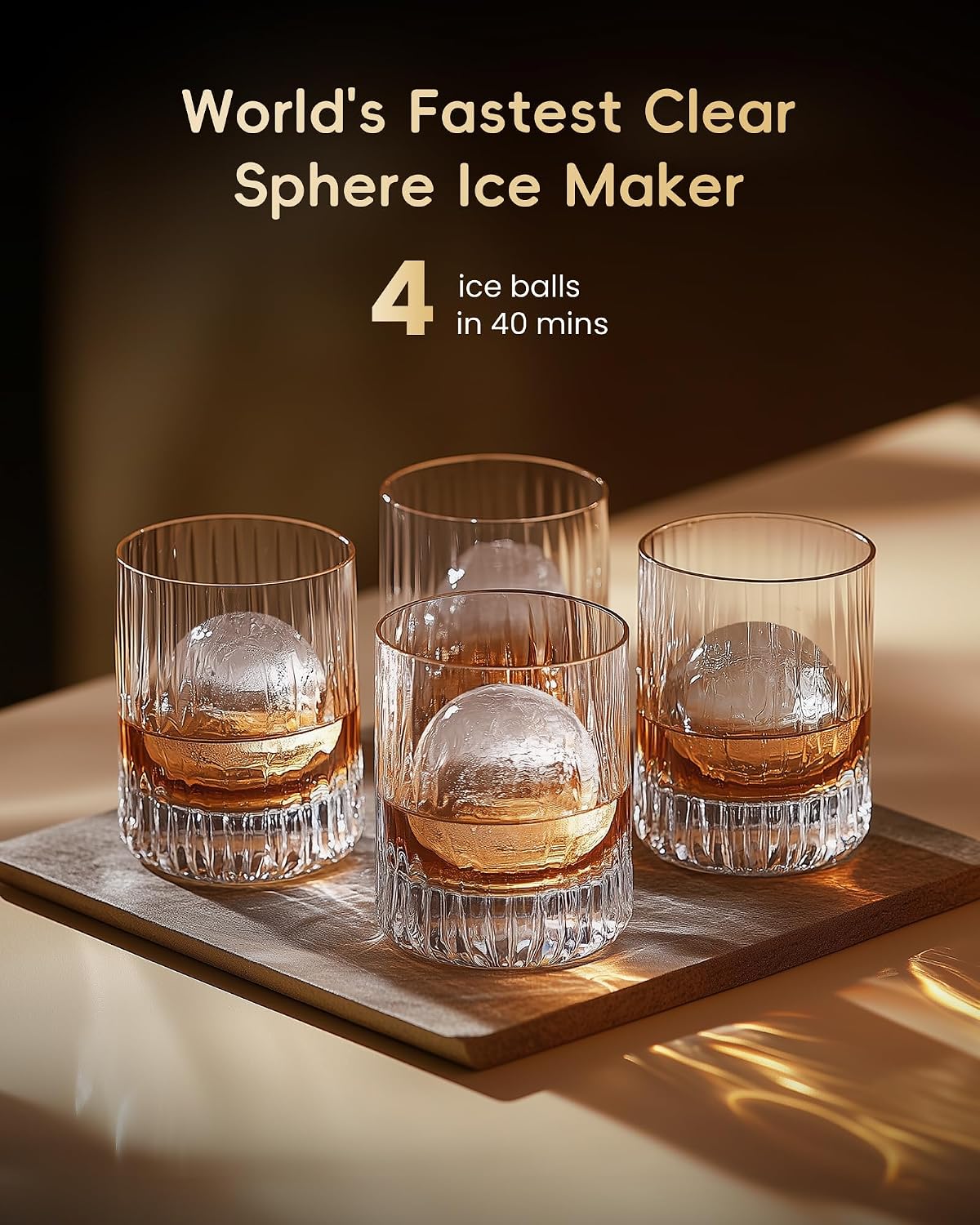 ecozy 2' Clear Ice Ball Maker Countertop with CrystalFlux Technology, 4 pcs in 40 Mins, 144 pcs/Day, Sphere Ice Maker with Automatic Water Supply, Self-Cleaning, Enhanced Insulation for Whiskey Bar