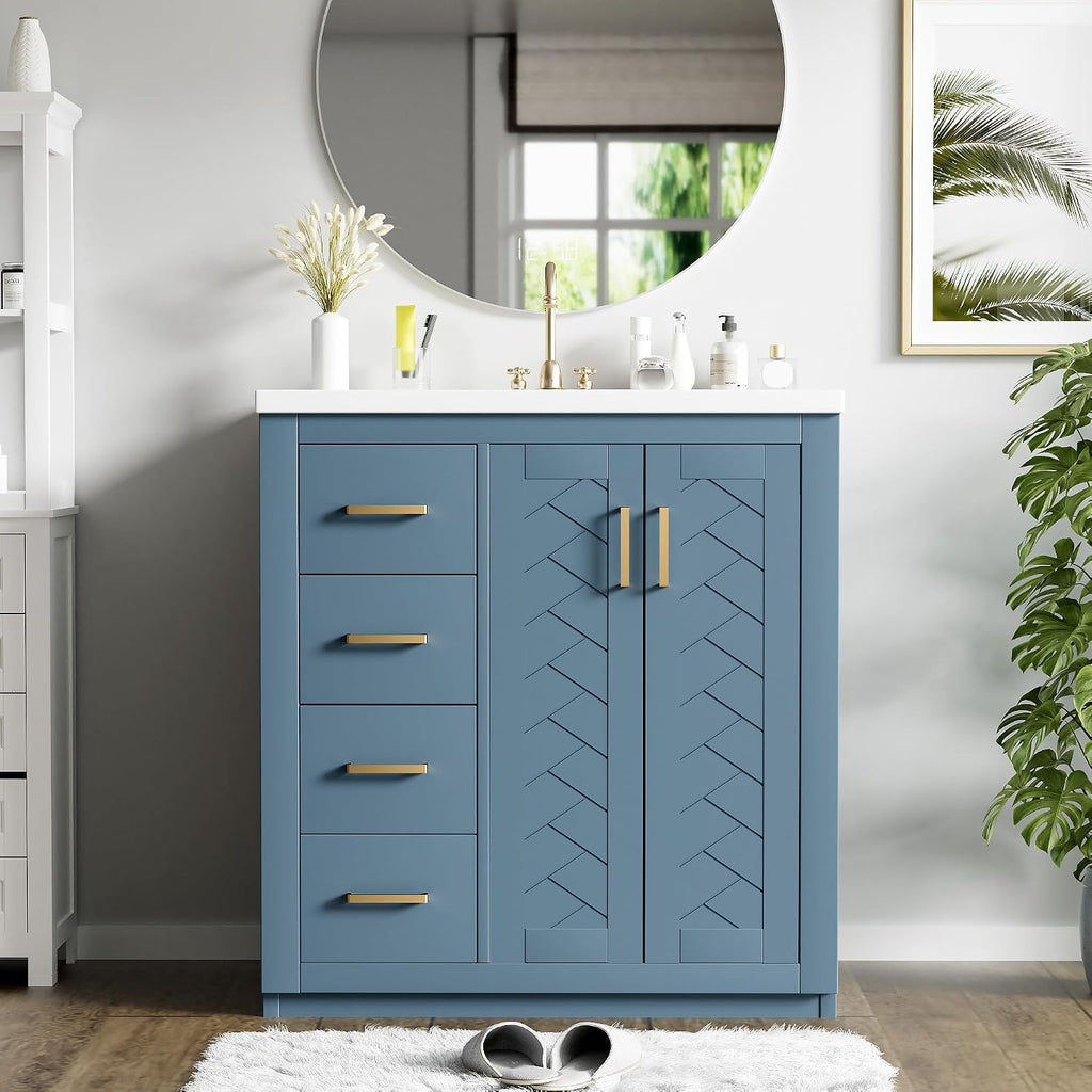 30 Inch Aqua Blue Bathroom Vanity with Sink & Gold Handles,Modern Bathroom Vanity Cabinet with Integrated Countertop,3 Left Drawers & 2 Soft Closing Doors,Solid Wood Frame,Herringbone Front