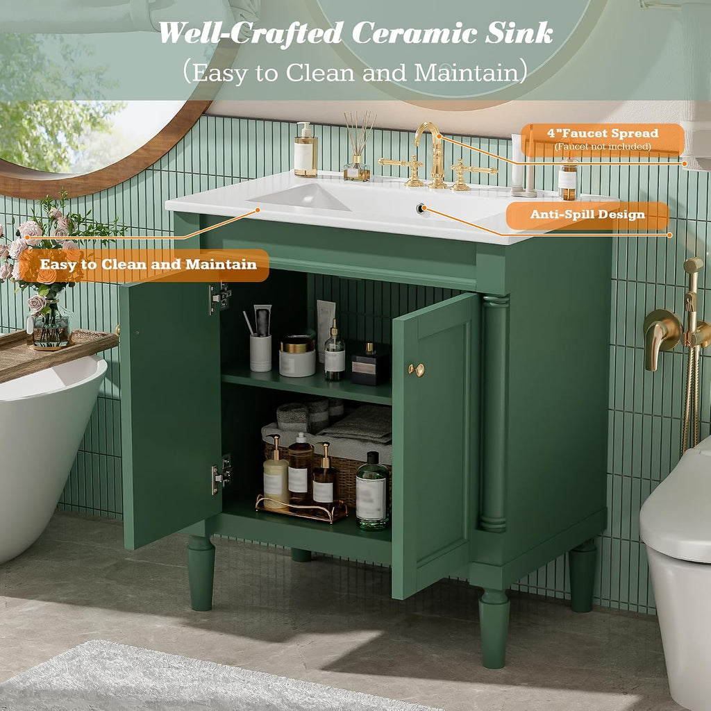 Virubi 30 Inch Small Bathroom Vanity with Sink and 2-Door Cabinet, Modern Bathroom Storage Cabinet with Adjustable Shelf and Soft-Close Door, Solid Wood Frame(Green)