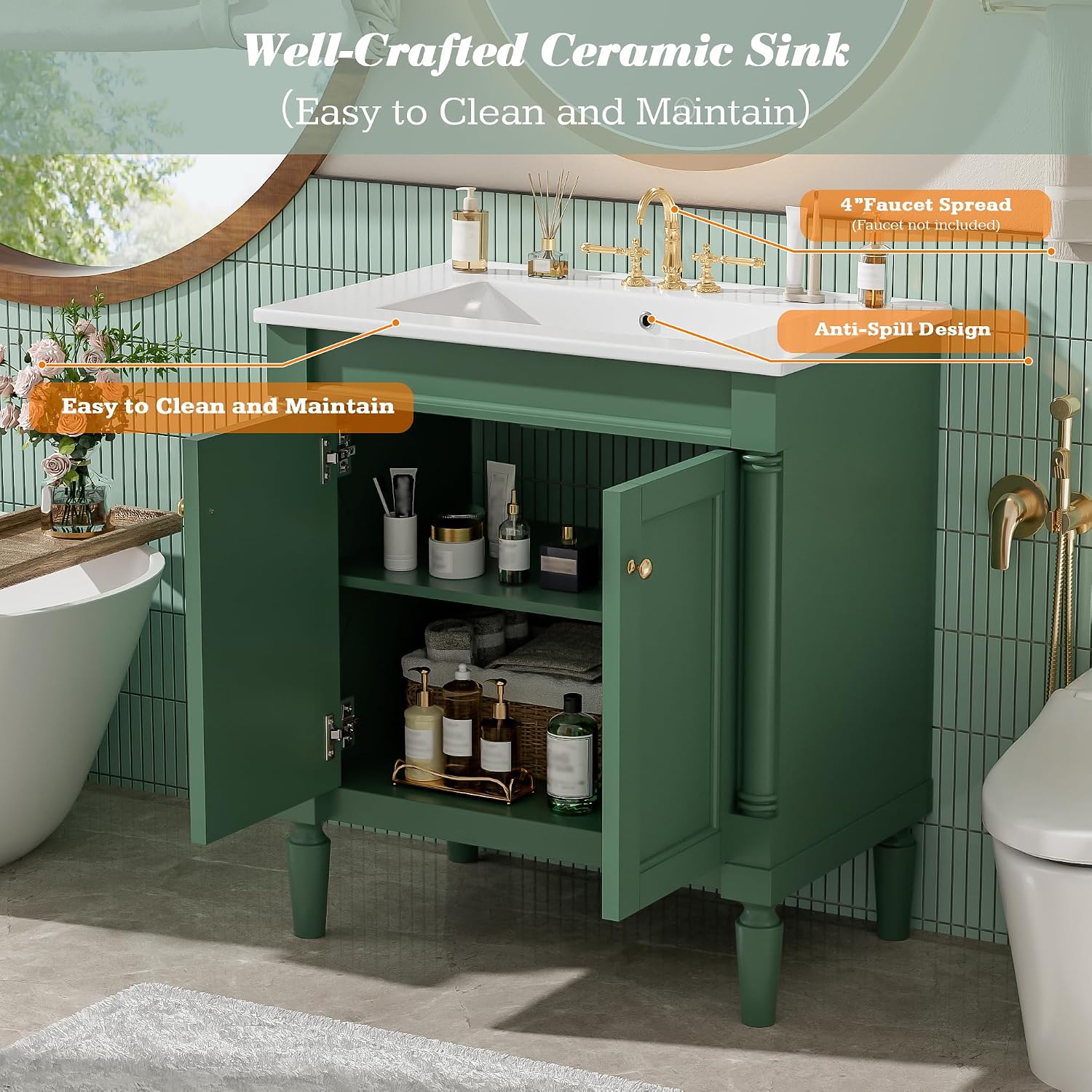 Virubi 30 Inch Small Bathroom Vanity with Sink and 2-Door Cabinet, Modern Bathroom Storage Cabinet with Adjustable Shelf and Soft-Close Door, Solid Wood Frame(Green)