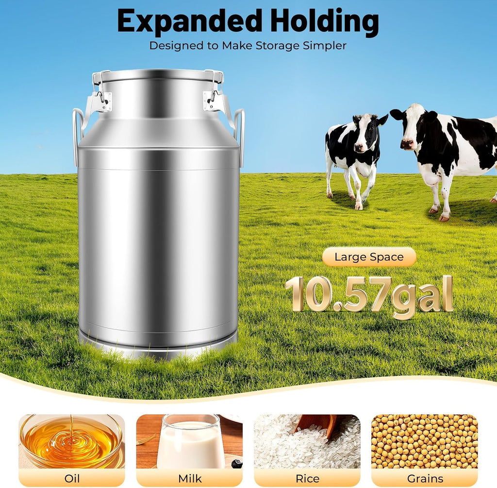 10.5 Gallon Stainless Steel Milk Can 40L Milk Jug | Food-grade Stainless Steel Container, Milk Bucket, Water Jug, Silicone Sealed Lid, Heavy Duty