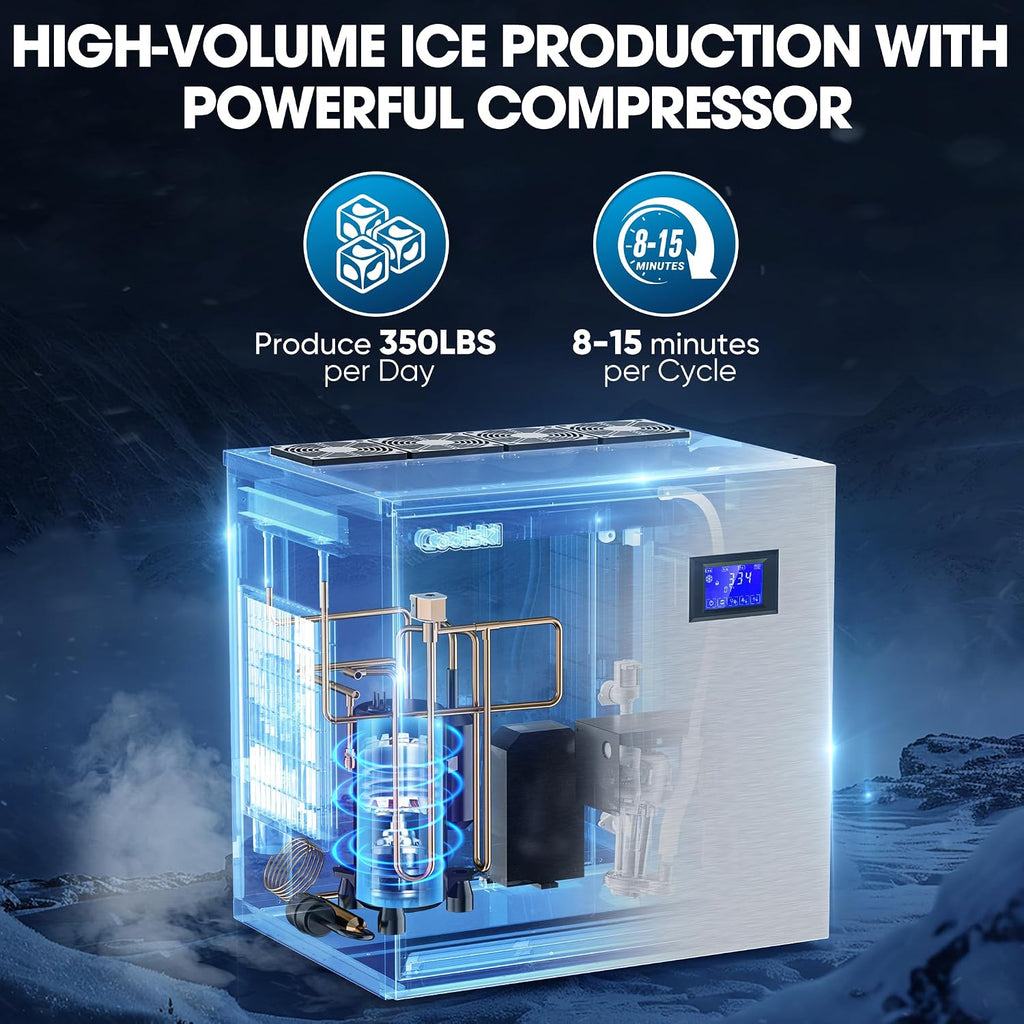 Coolski Commercial Ice Maker 350LBS/Day, Top Portion of Ice Machine, Clear Ice Cubes/Air Cooling/22 Inch Wide/Stainless Steel
