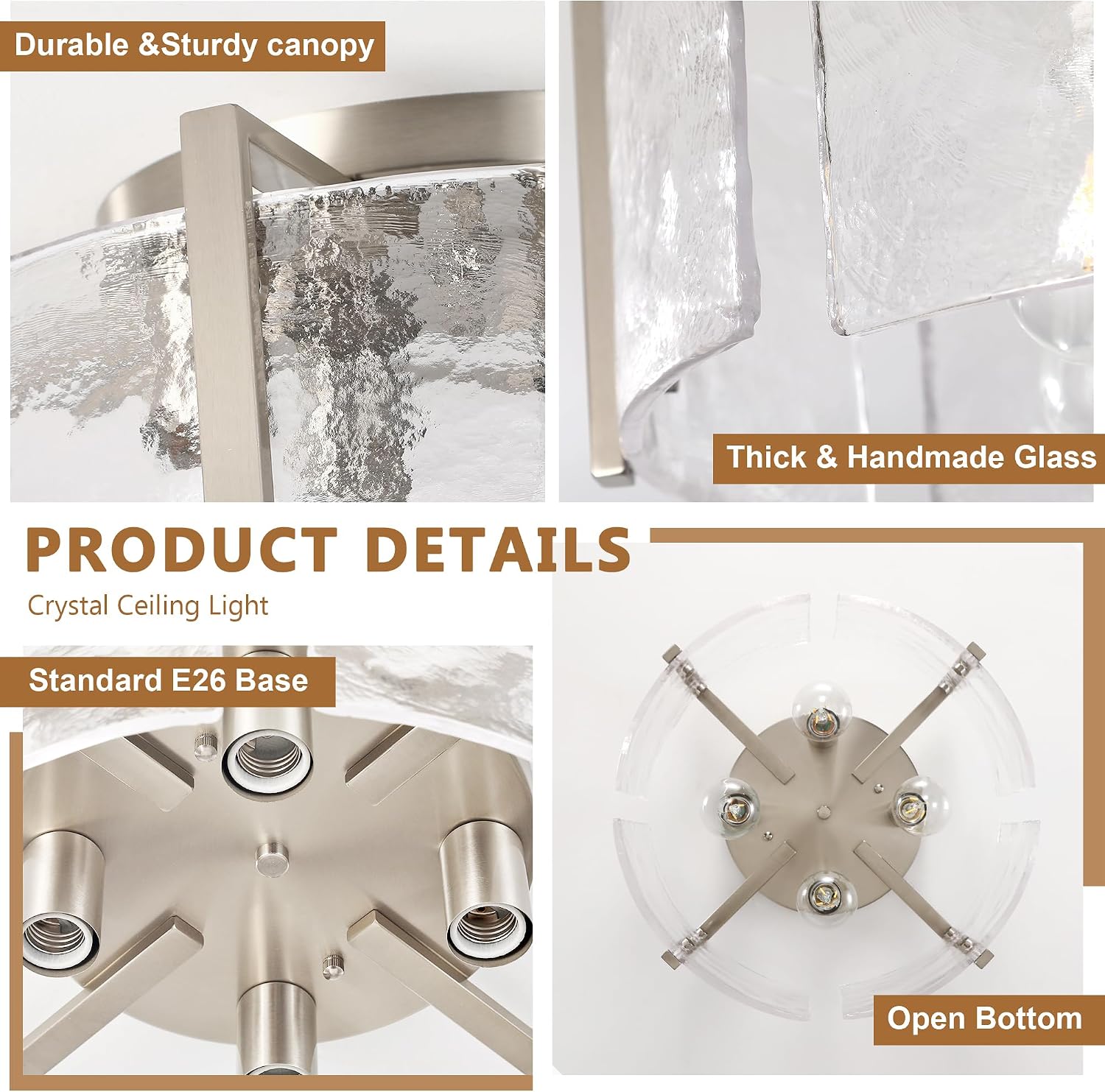 Modern Brushed Nickel Semi Flush Mount Ceiling Light, 4-Light Glass Drum Flush Mount Light Farmhouse Lights Kitchen Lighting Fixtures for Foyer Entryway Hallway Bathroom Bedroom Laundry Room