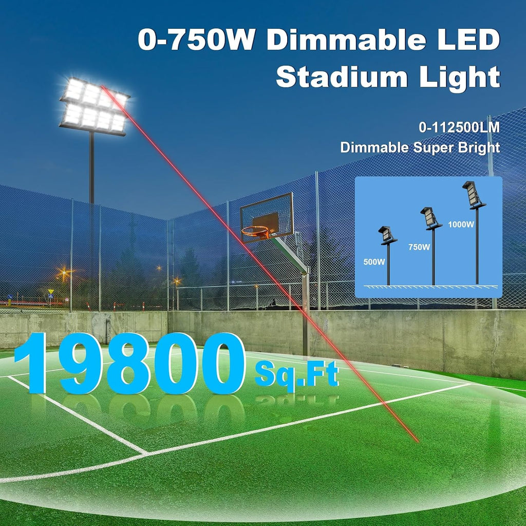 112500LM Led Stadium Light Dimmable 0-750w Super Bright Led Arena Flood Lights Outdoor 100-277v 5000k Yoke U Mount IP66 Waterproof Outside Wall Light Commercial for Square, Golf Court, Port