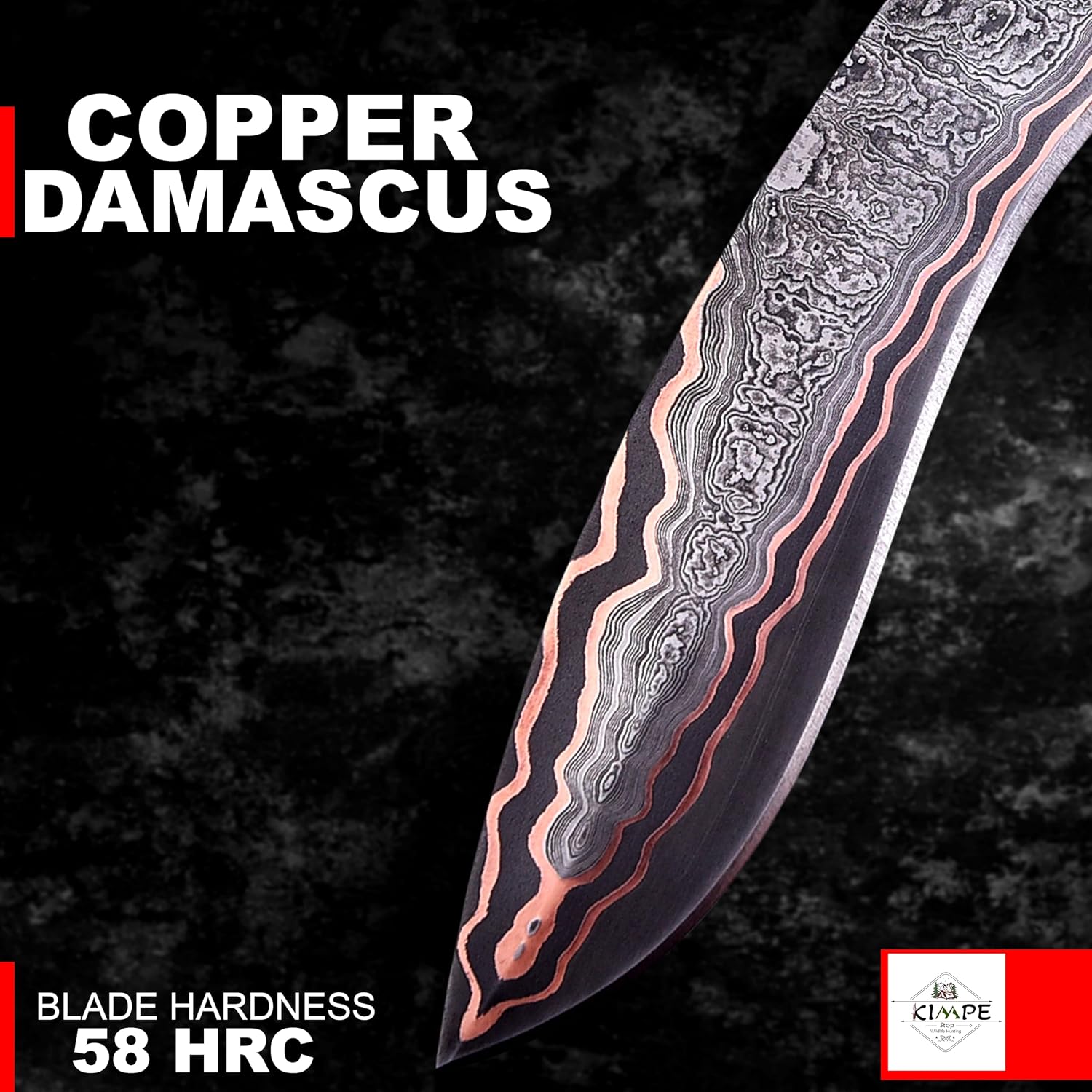 KIMPE Fixed Blade hunting knife. (Copper Damascus & Crown Stag)