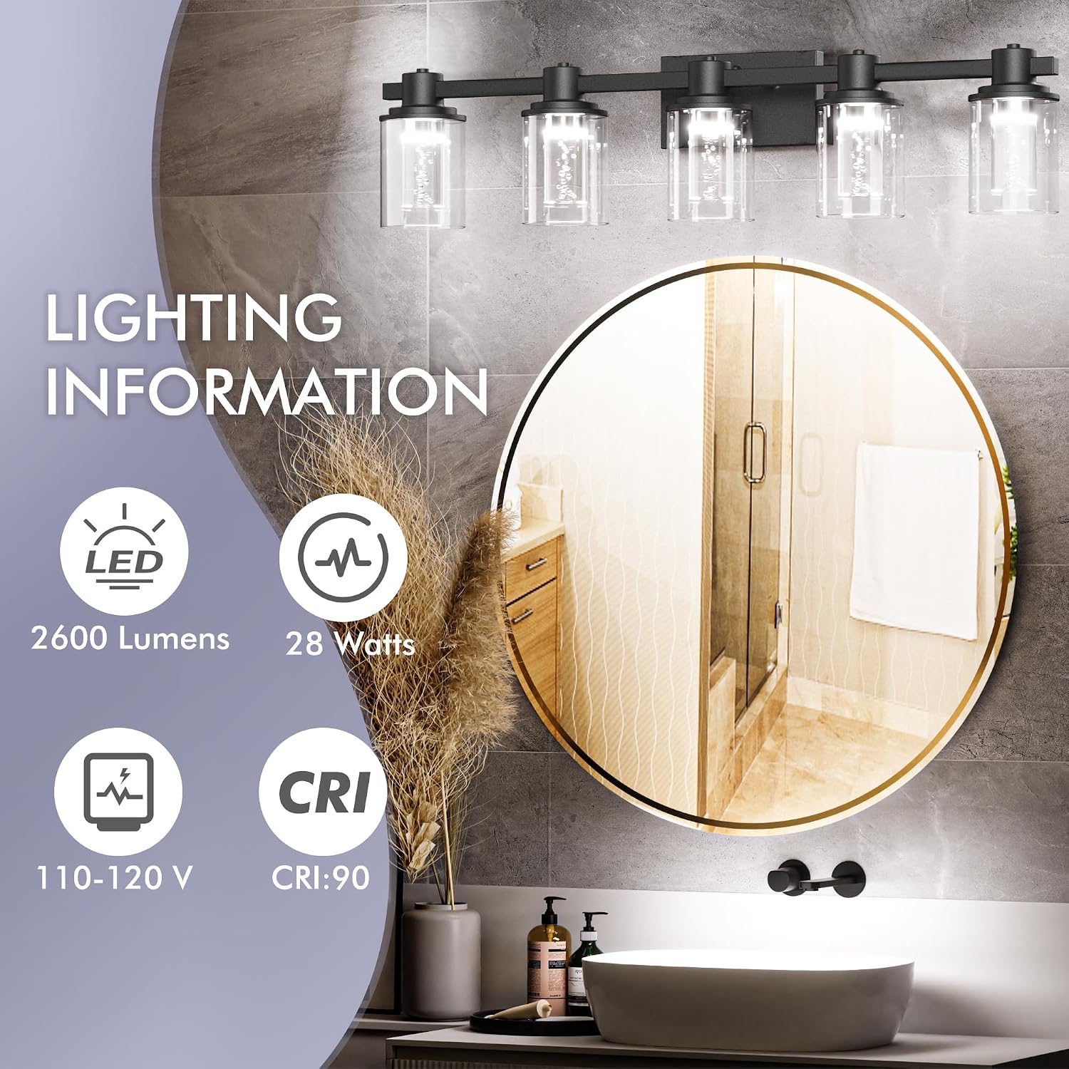 Quntis 5-Light Black Bathroom Light Fixtures with 5 Color Modes, 33 Inch Dimmable Modern Vanity Lighting Fixture Over Mirror, 35 Watts Eye Protection LED Wall Lamp (UL Certified, Bulbs Included)