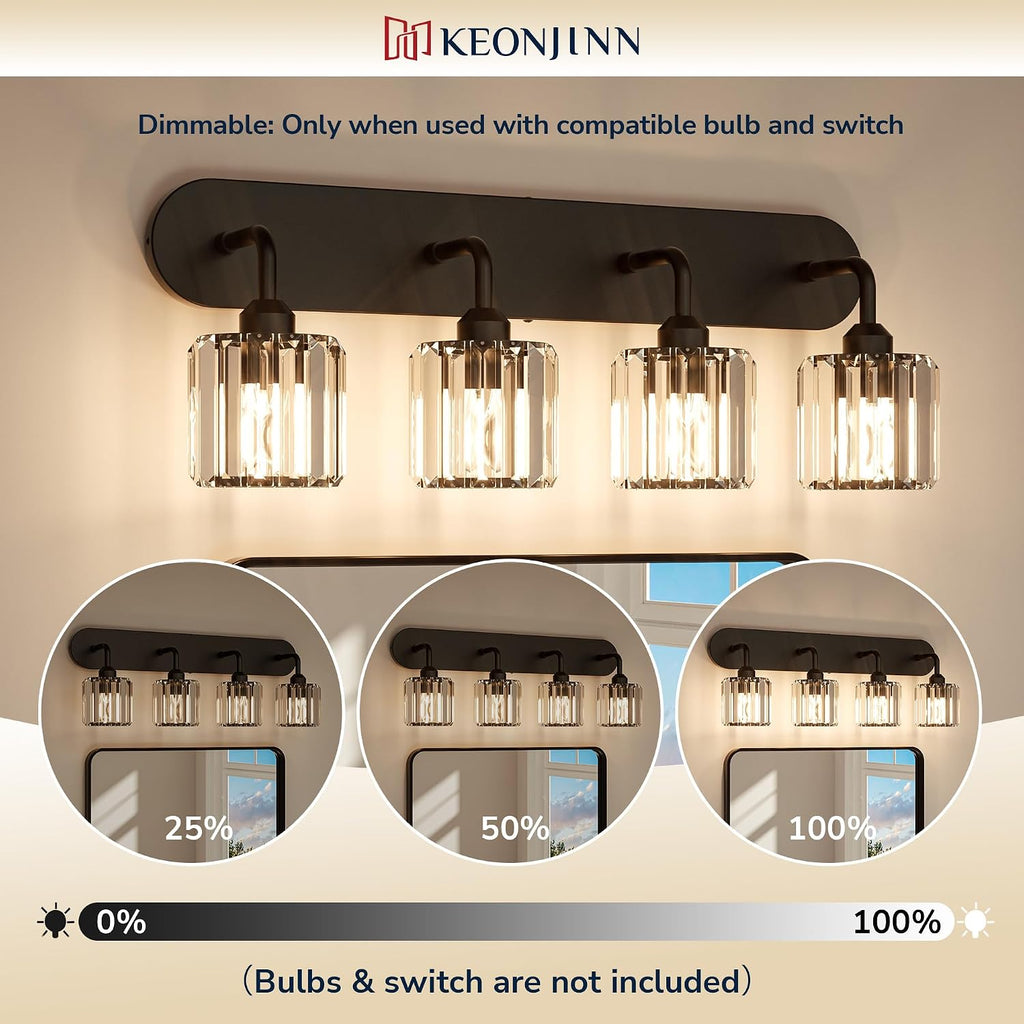 Keonjinn 4-Light Bathroom Light Fixtures, Crystal Black Bathroom Vanity Lights Over Mirror, Vanity Lighting Fixtures with Crystal Square Shades (E26 Socket, Exclude Bulb)