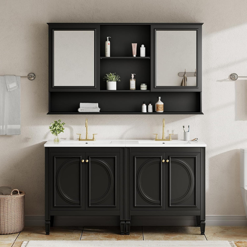 60 Inch Black Bathroom Vanity with Double Sink & Matching Medicine Cabinet with Mirrors Over Sink Combo Set,with Adjustable Shelves,Soft Closing Doors,Bottom Sliding Trays