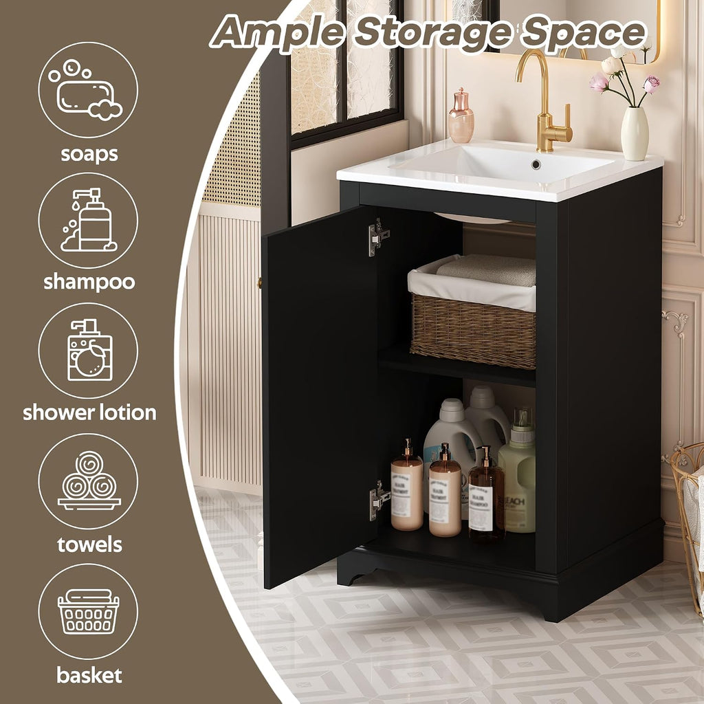 Merax 20' Narrow Bathroom Vanity with Ceramic Sink, Freetanding Modern Single Vanity Set with Soft Closing Door and Adjustable Shelf (Black)