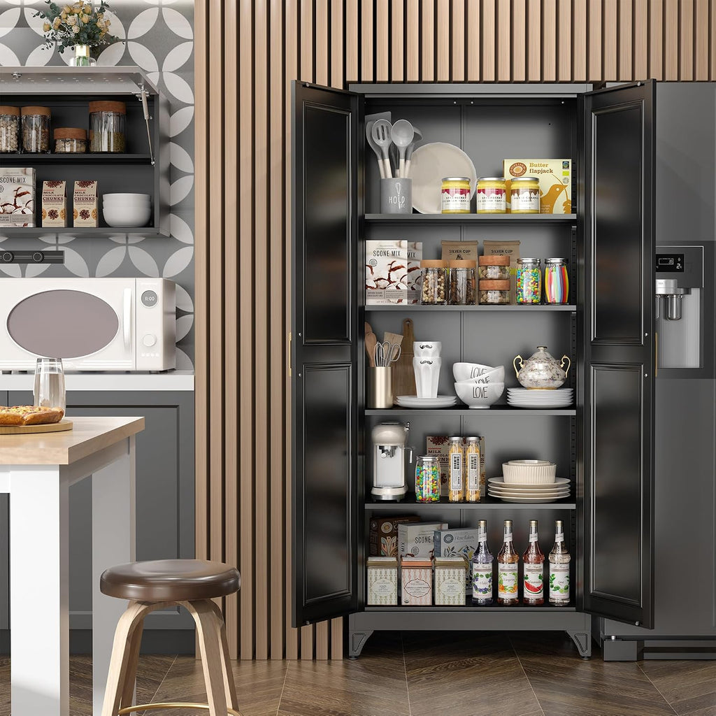 SteeLoong Kitchen Pantry Cabinet,75'Black Metal Storage Cabinets with Doors and 4 Adjustable Shelves,Kitchen Cabinet with 2 Gold Handles,Tall Cabinet for Livingroom, Bathroom