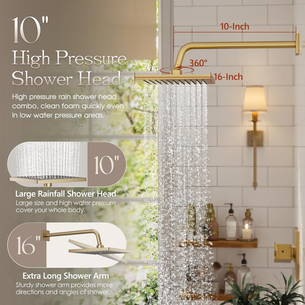 Replacement for Delta Shower Trim Kit Modern 14 Series, 10-Inch Brushed Gold Shower Head and Handle Set, Bathroom Shower Faucet Set with 16-Inch Shower Arm(Valve and Cartridge Not Included)