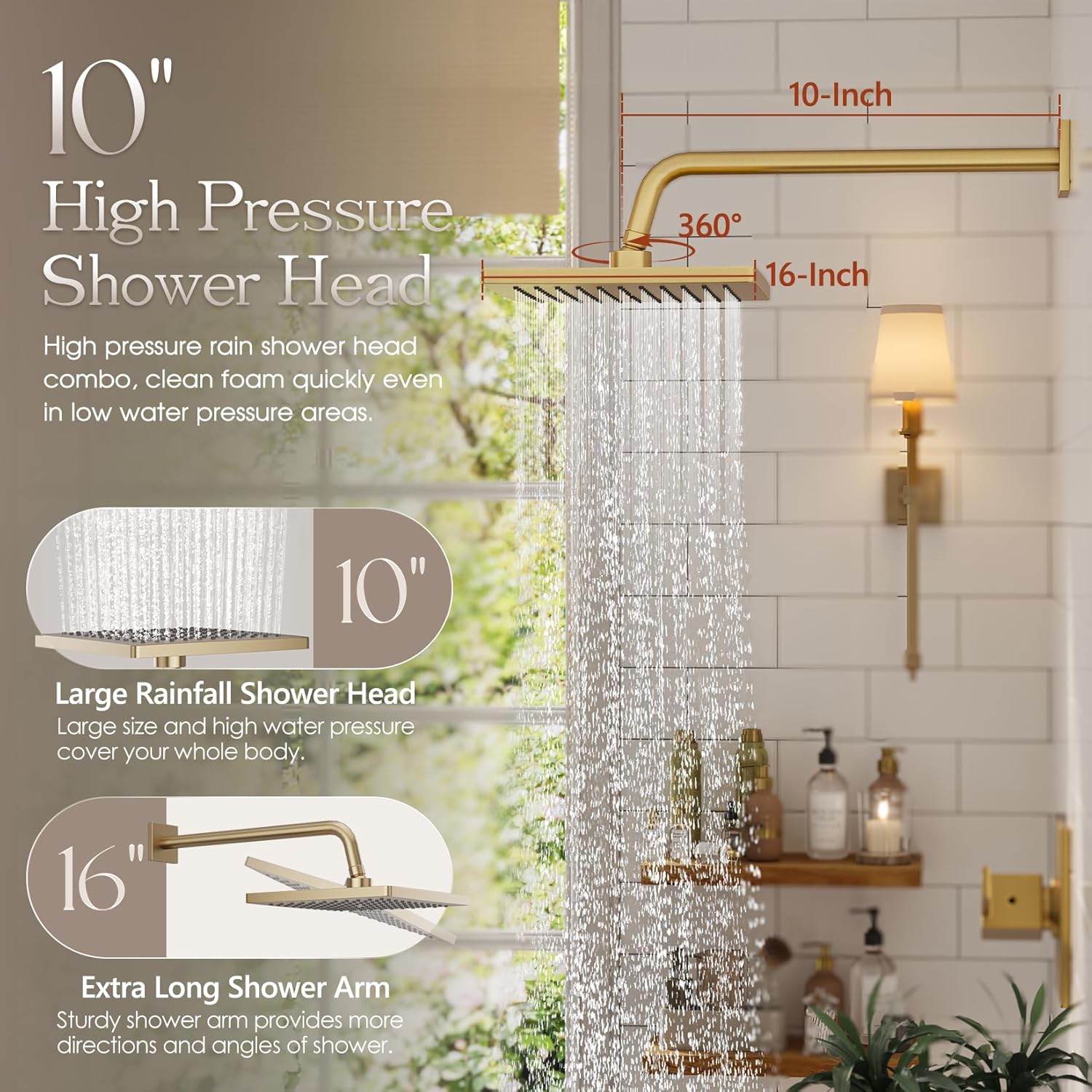 Replacement for Delta Shower Trim Kit Modern 14 Series, 10-Inch Brushed Gold Shower Head and Handle Set, Bathroom Shower Faucet Set with 16-Inch Shower Arm(Valve and Cartridge Not Included)