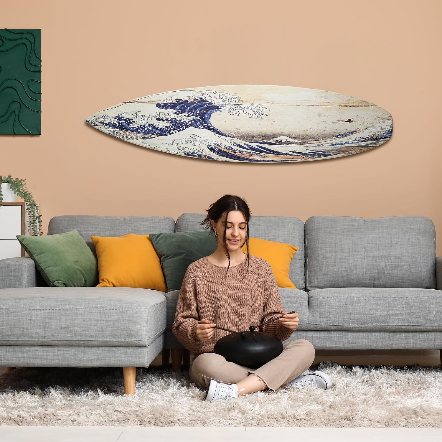 American Art Decor Surfboard Plaque Wall Sign - Beach House Wall Art - Large Tropical/Coastal Home Decor for Living Room, Bedroom, Bathroom, Patio, or Bar (The Great Wave off Kanagawa Wood, 60'x15')