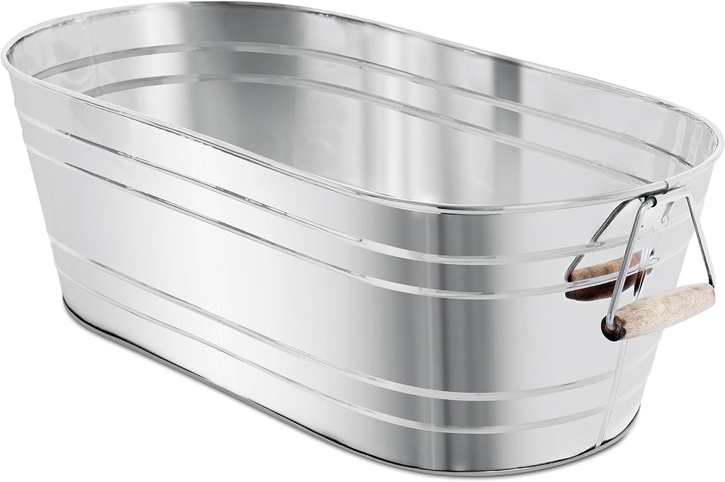 BIRDROCK Home Stainless Steel Beverage Tub with Stand - Bottom Tray - Ice Bucket - Party Drink Holder - Wooden Handles - Outdoor or Indoor Use - Free Standing