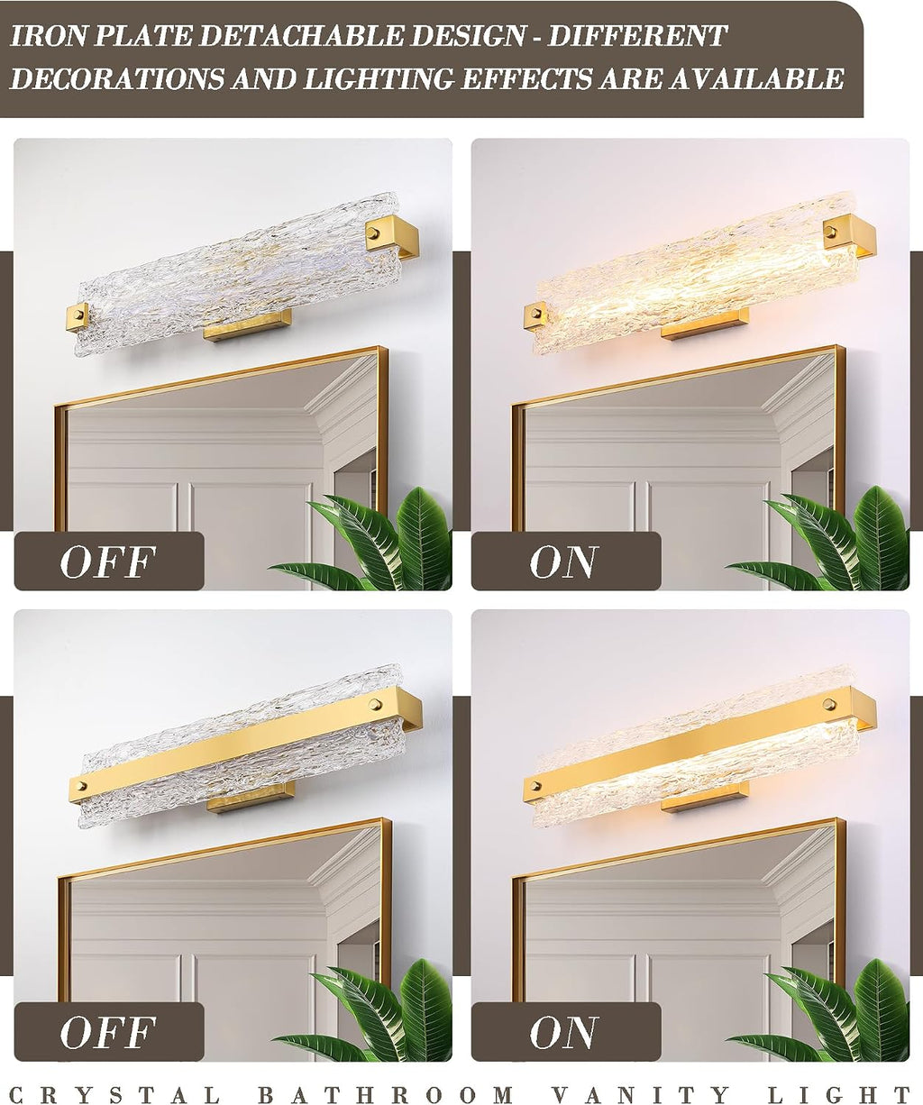 Brushed Gold LED Bathroom Vanity Light, 24.4 Inch 15W Modern Dimmable Bathroom Light Fixture Over Mirror, Crystal Bar Wall Sconce Lighting for Bath, 3CCT, OS-MM5001-3BG