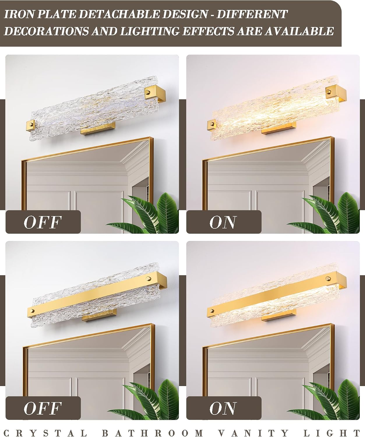 Brushed Gold LED Bathroom Vanity Light, 24.4 Inch 15W Modern Dimmable Bathroom Light Fixture Over Mirror, Crystal Bar Wall Sconce Lighting for Bath, 3CCT, OS-MM5001-3BG