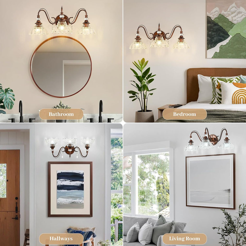 Vintage Bathroom Vanity Light, 3-Light Matte Antique Red Bronze Finish Wall Sconce with Hanging Crystal Accent and Flower-Shaped Clear Glass Shades, Retro Wall Mount Vanity Light Over Mirror
