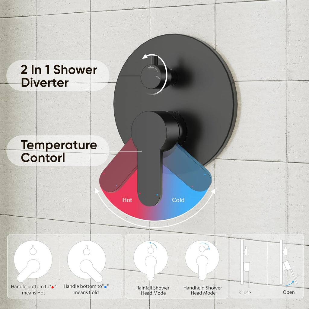 Gabrylly Shower System Black, Pressure Balance Shower Faucet Set, 10' Stainless Steel Rain Shower head with 5-Mode Handheld Shower Spray Combo,High Pressure Rainfall Shower Head Set, Matte Black