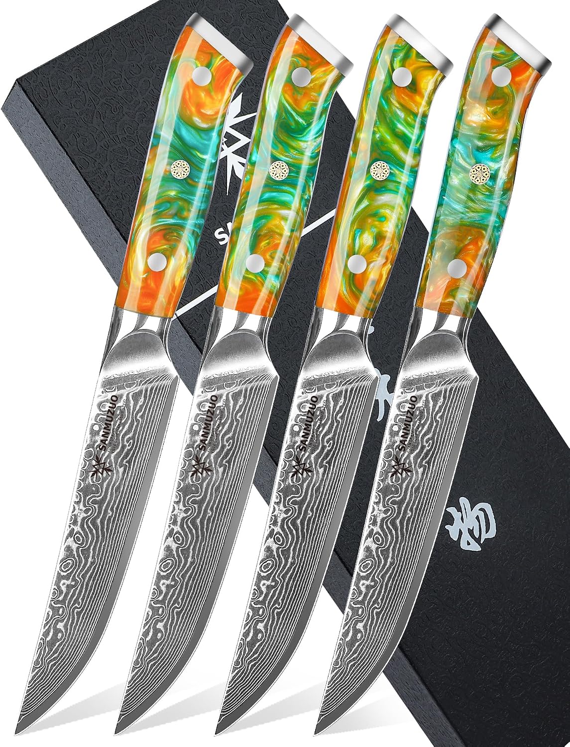 Steak Knives Set of 4, Ultra Sharp Non Serrated Kitchen Steak Knife 5 Inch - Damascus Steel & Resin Handle - Xuan Series(Fantasy Orange)