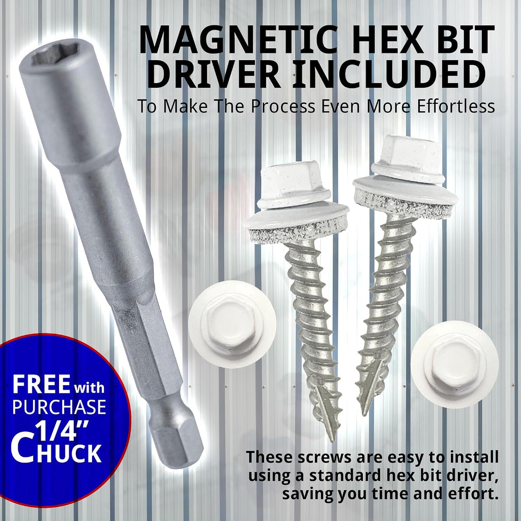 EAGLE 1 Metal Roofing Screws #10 - Painted Hex Head Self-Tapping Screws with EDPM Rubber Washer for Metal to Wood, Vinyl, Small Sheet Metal - Free Magnetic Driver (White, 2 Inch, 1000)
