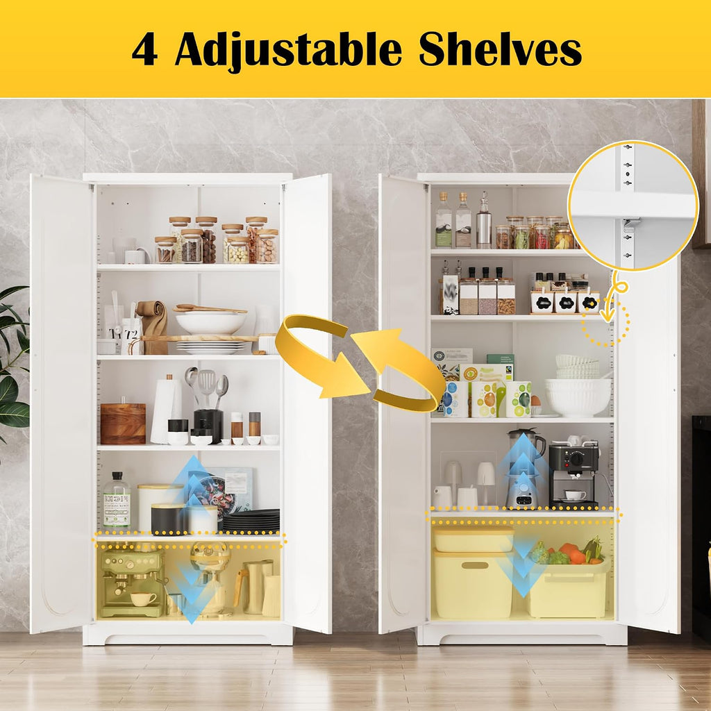 SteeLoong Kitchen Pantry Cabinet,71'Metal White Storage Cabinet with Doors and Shelves,Tall Cabinet with 2 Gold Hands for Dinning Room,Living Room