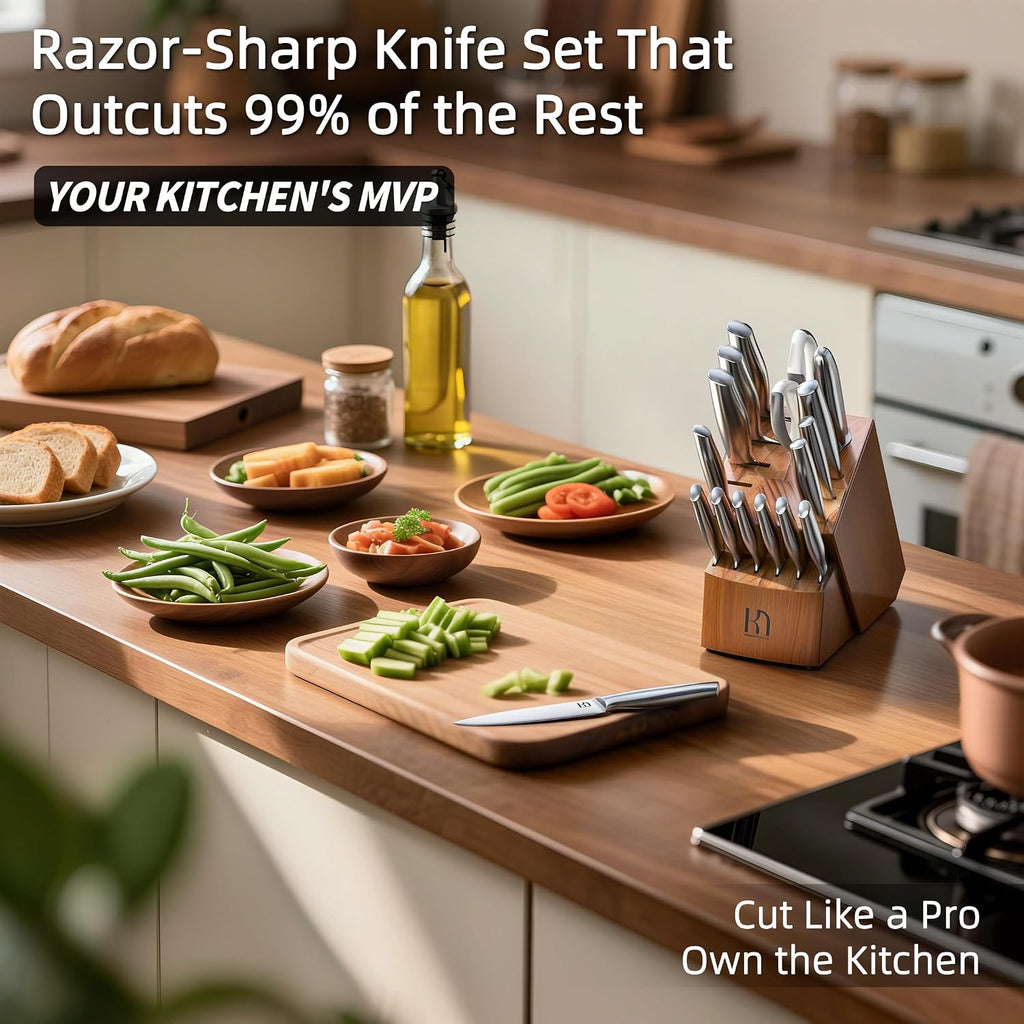 KnifeSaga Kitchen Knife Set with Block 17 Pcs, Knife Block Set, Japanese High Carbon Stainless Steel Knives Set for Kitchen with Sharpener, Razor Sharp Premium Block Knife Sets