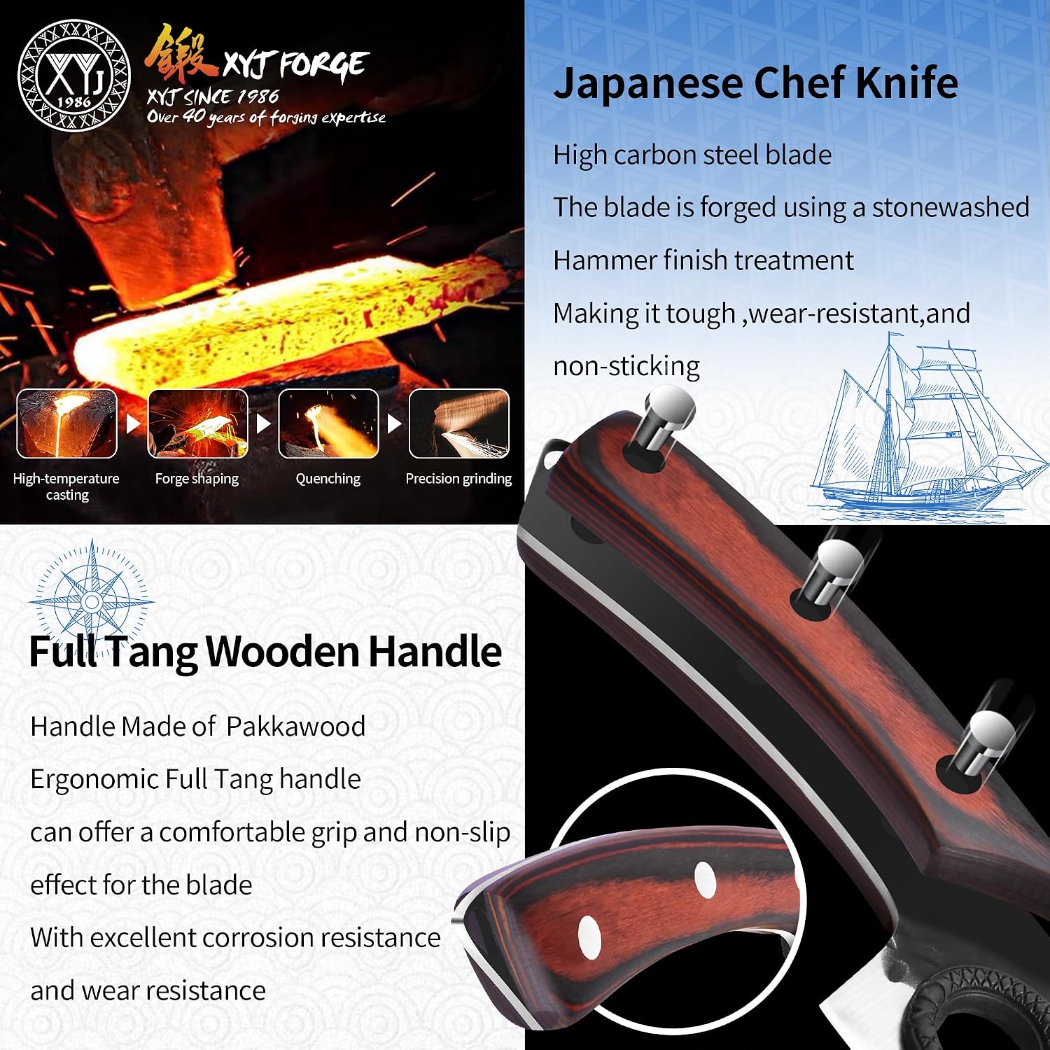 XYJ Knife Block Set, Professional Kitchen Knife Set with Magnetic Knife Block, Cutting Board, Honing Steel, High-Carbon Steel forged Blades, Chef's Knife, Cleaver, Carving Knife, Full Tang Design